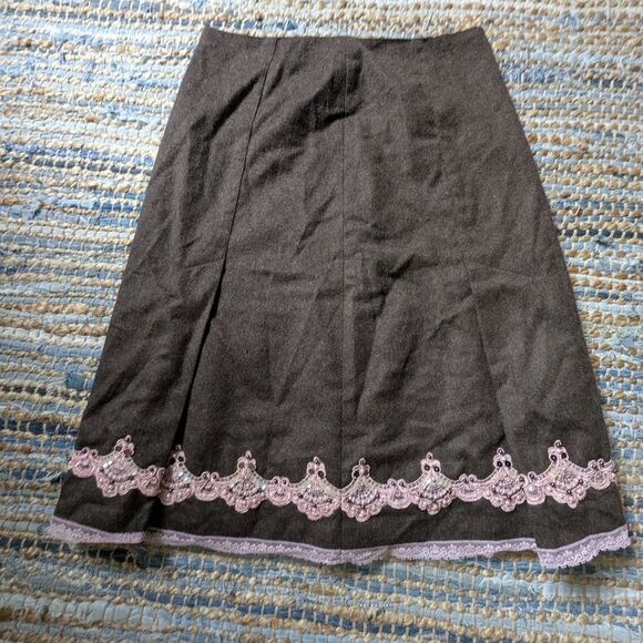 Vtg Express Wool Blend Skirt Brown 0 Pink Lace Trim Beaded Hem Lined Fairycore - Picture 2 of 8